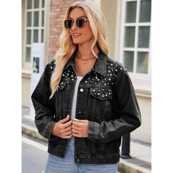 lookbookstore Jackets & Blazers - Women's Long Sleeves Button Down Denim Jean Jacket Pearl Beaded